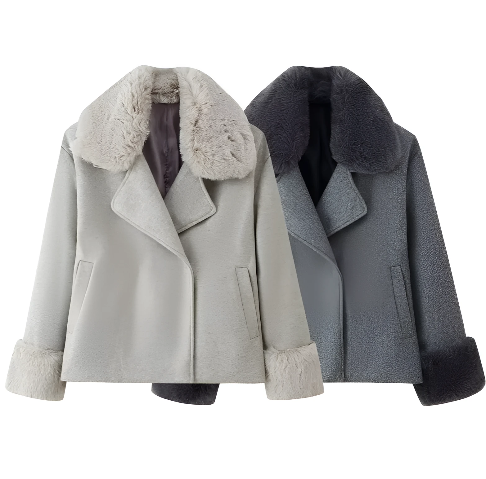 Women's short wool coat with imitation fur collar, gray, regular fit, extended length, on a model
