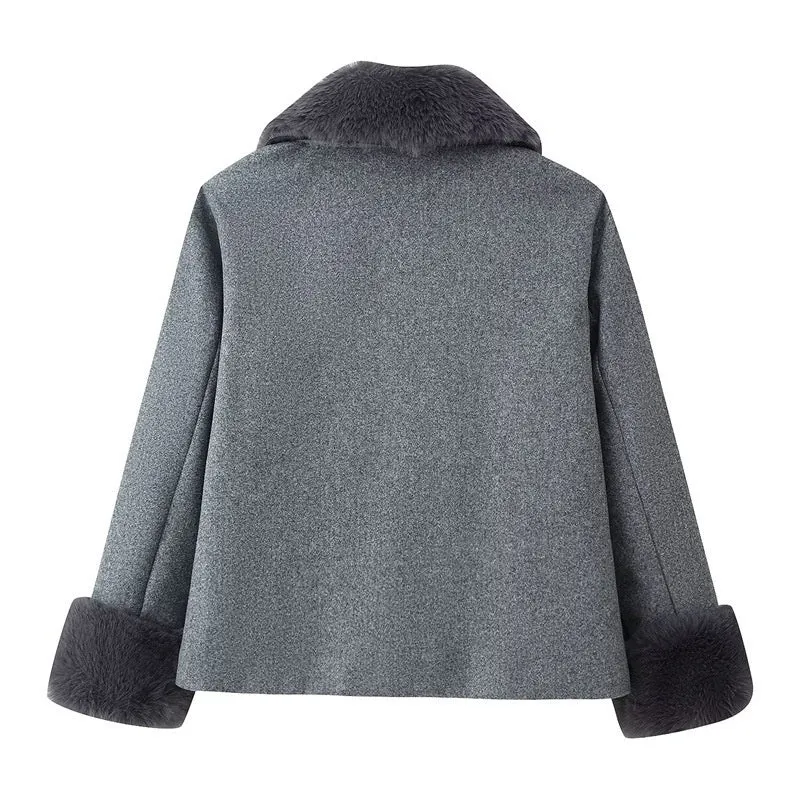Women's short wool coat with imitation fur collar, gray, regular fit, extended length, on a model