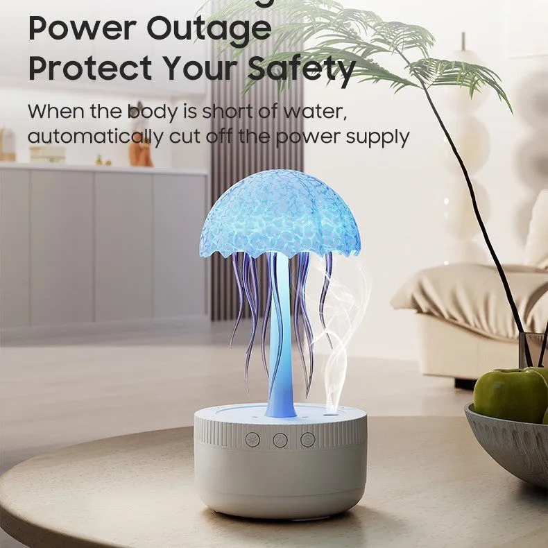 White USB rotating colorful light humidifier with large mist output on a desktop surface