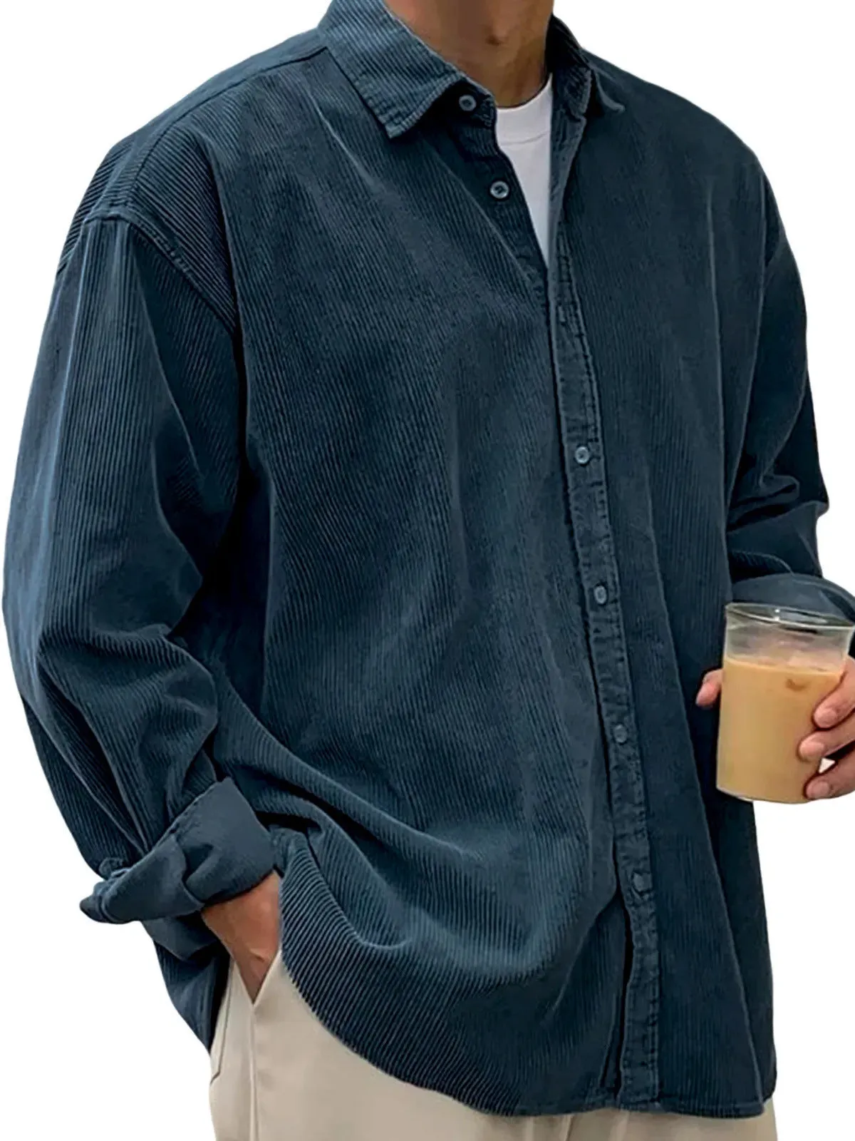 Men's casual loose corduroy shirt jacket in solid colour, cardigan style, autumn winter wear