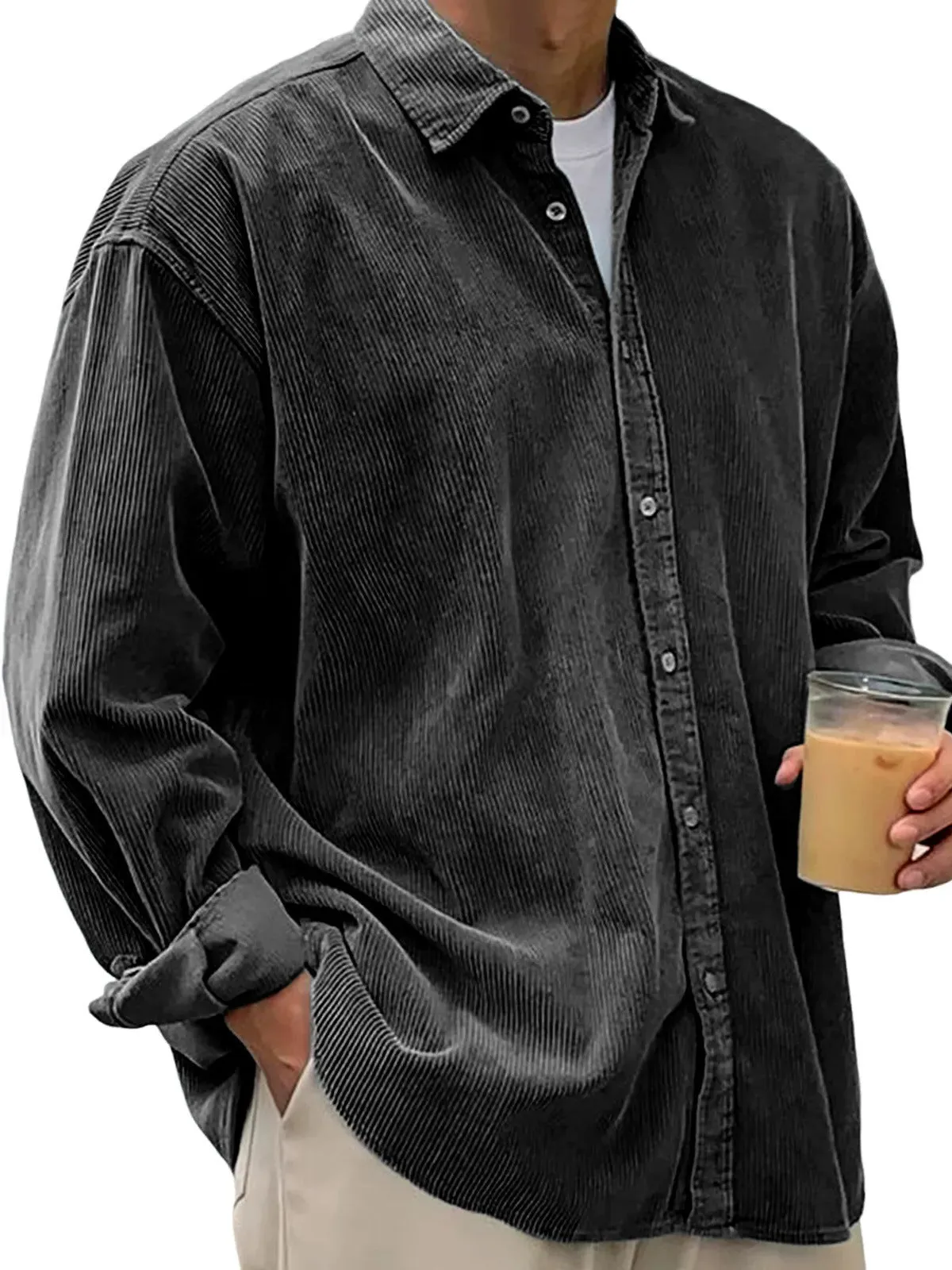 Men's casual loose corduroy shirt jacket in solid colour, cardigan style, autumn winter wear