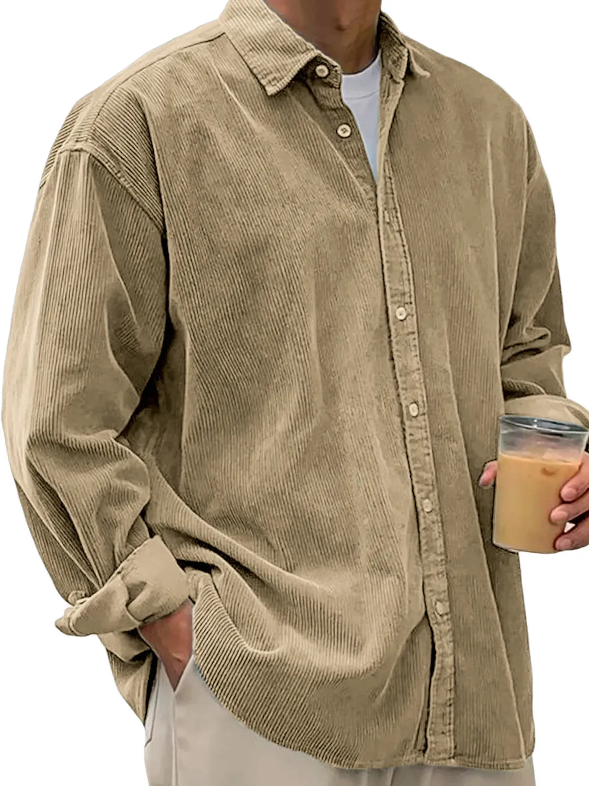 Men's casual loose corduroy shirt jacket in solid colour, cardigan style, autumn winter wear