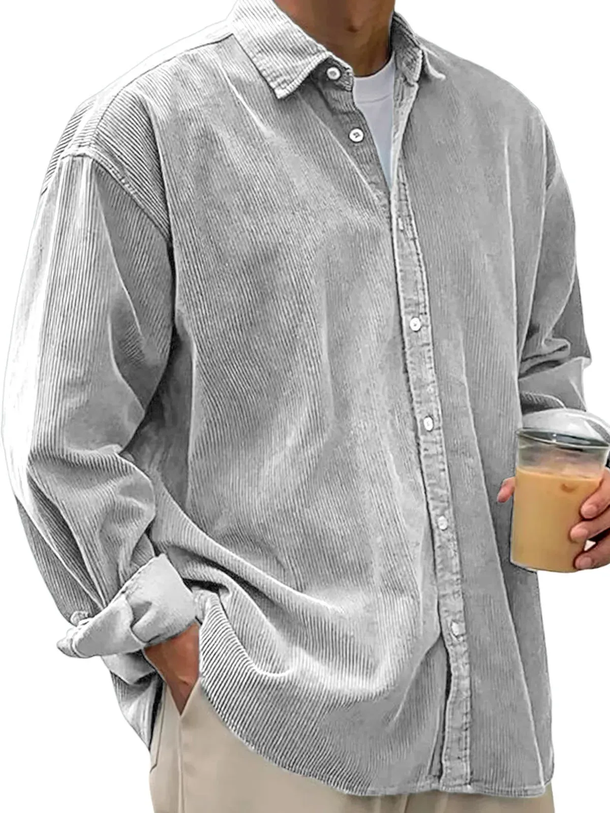 Men's casual loose corduroy shirt jacket in solid colour, cardigan style, autumn winter wear