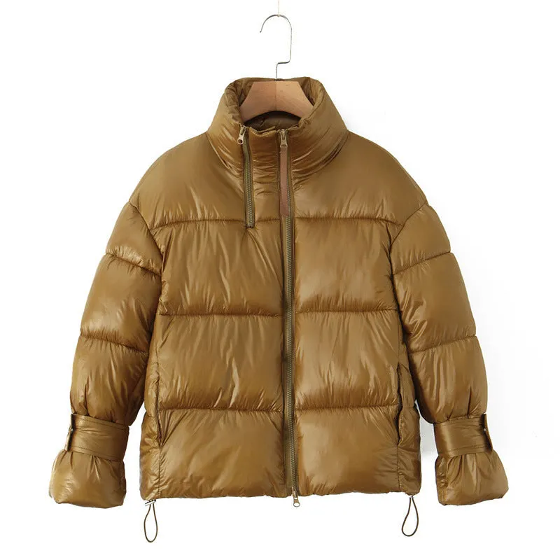 Gold women's puffer coat with stand-up collar and double zipper, straight fit, long sleeves