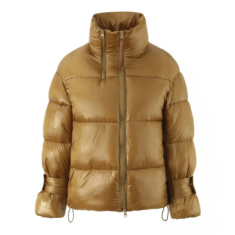Gold women's puffer coat with stand-up collar and double zipper, straight fit, long sleeves