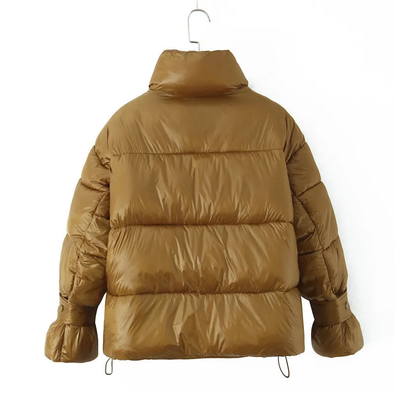 Gold women's puffer coat with stand-up collar and double zipper, straight fit, long sleeves