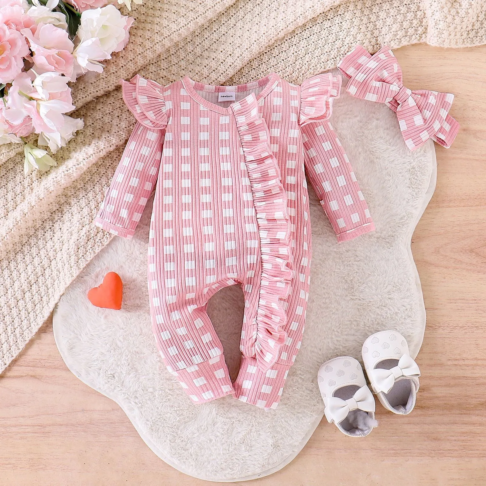 Cotton baby girl romper long-sleeved plaid jumpsuit in pink for spring autumn
