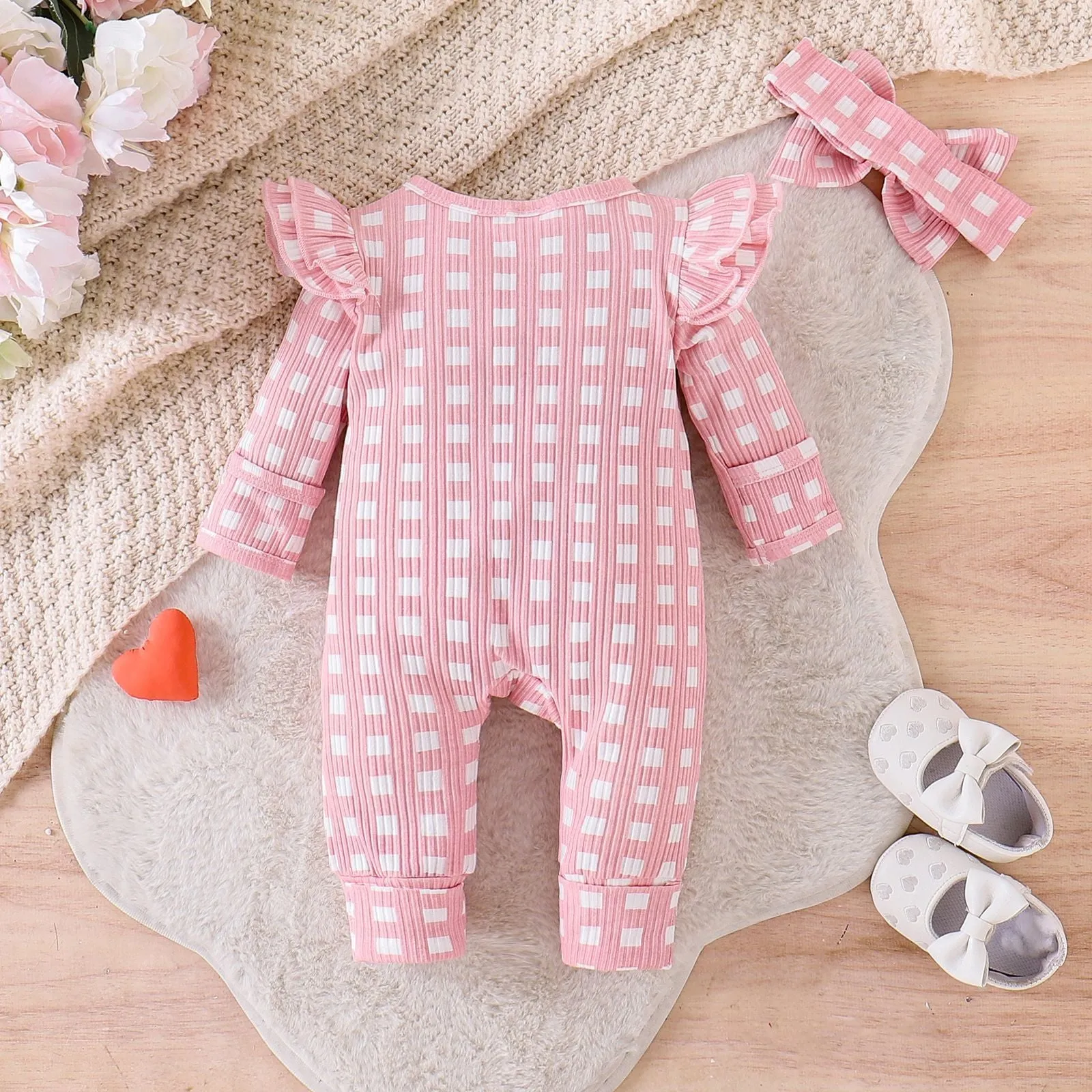 Cotton baby girl romper long-sleeved plaid jumpsuit in pink for spring autumn
