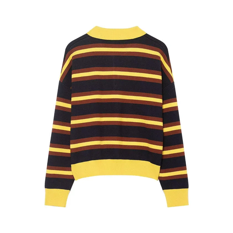 Women's striped polo collar knitted sweater with contrast stitching, long sleeves, regular fit in picture colour