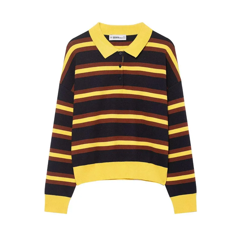 Women's striped polo collar knitted sweater with contrast stitching, long sleeves, regular fit in picture colour