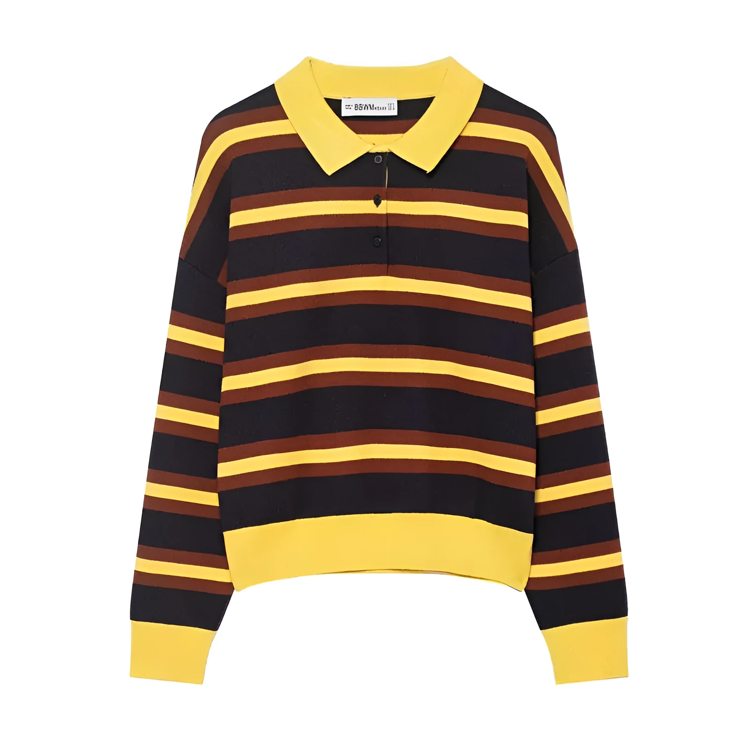 Women's striped polo collar knitted sweater with contrast stitching, long sleeves, regular fit in picture colour