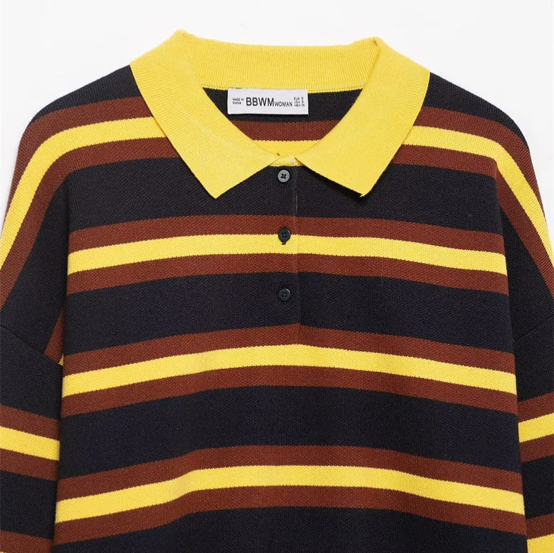 Women's striped polo collar knitted sweater with contrast stitching, long sleeves, regular fit in picture colour
