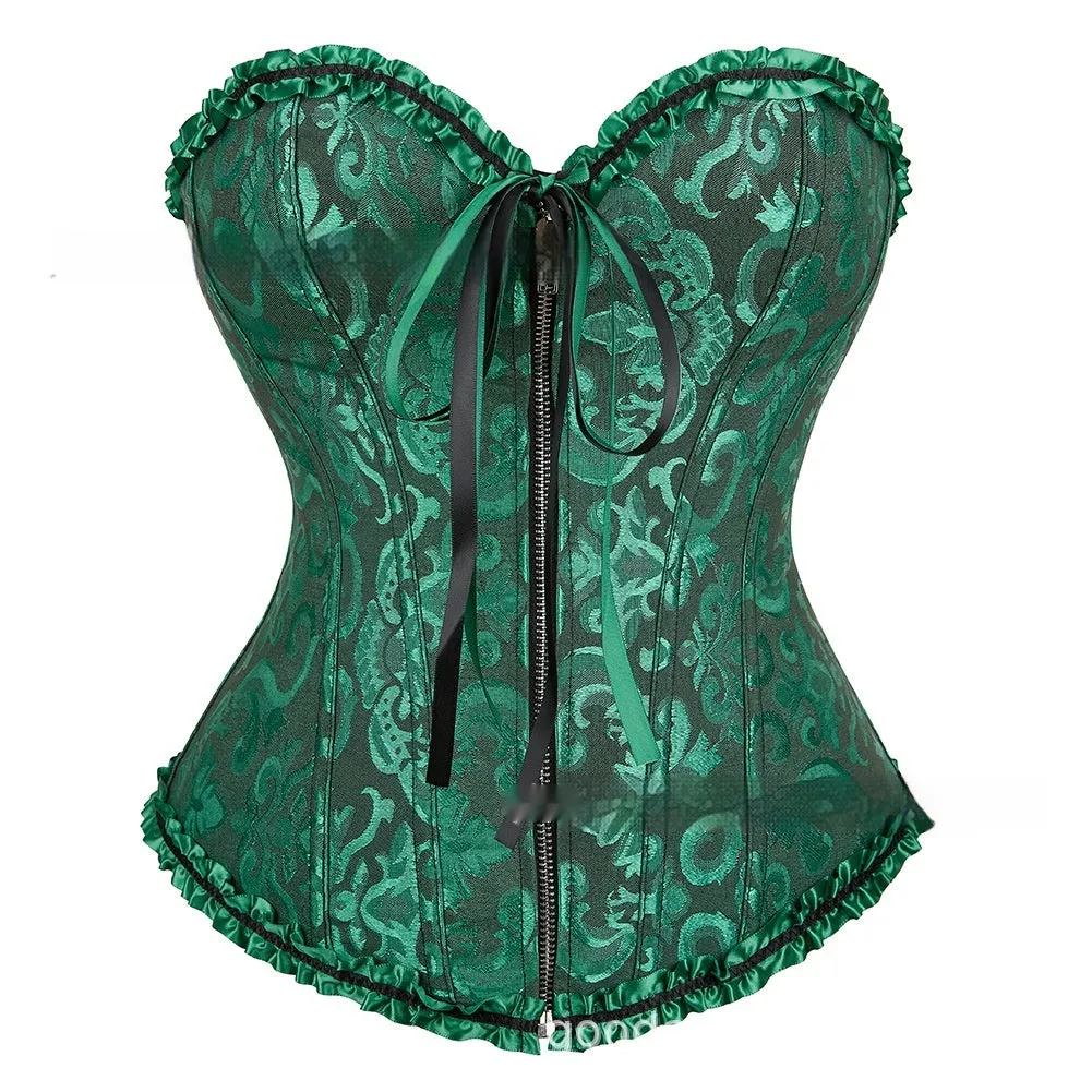 Women's black and red jacquard pattern corset with a front zipper fastening.