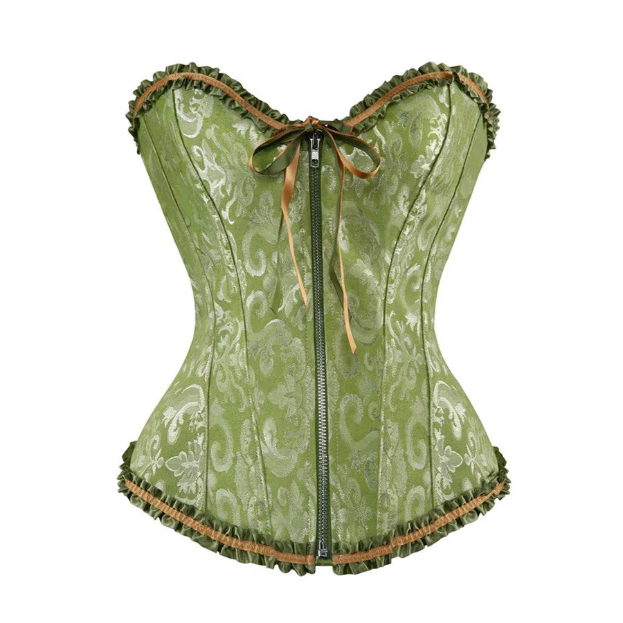 Women's black and red jacquard pattern corset with a front zipper fastening.