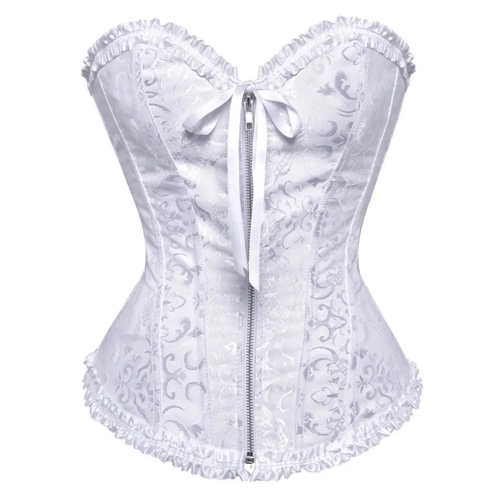 Women's black and red jacquard pattern corset with a front zipper fastening.