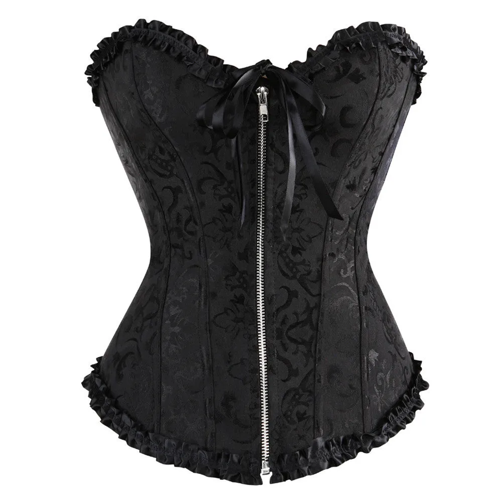 Women's black and red jacquard pattern corset with a front zipper fastening.