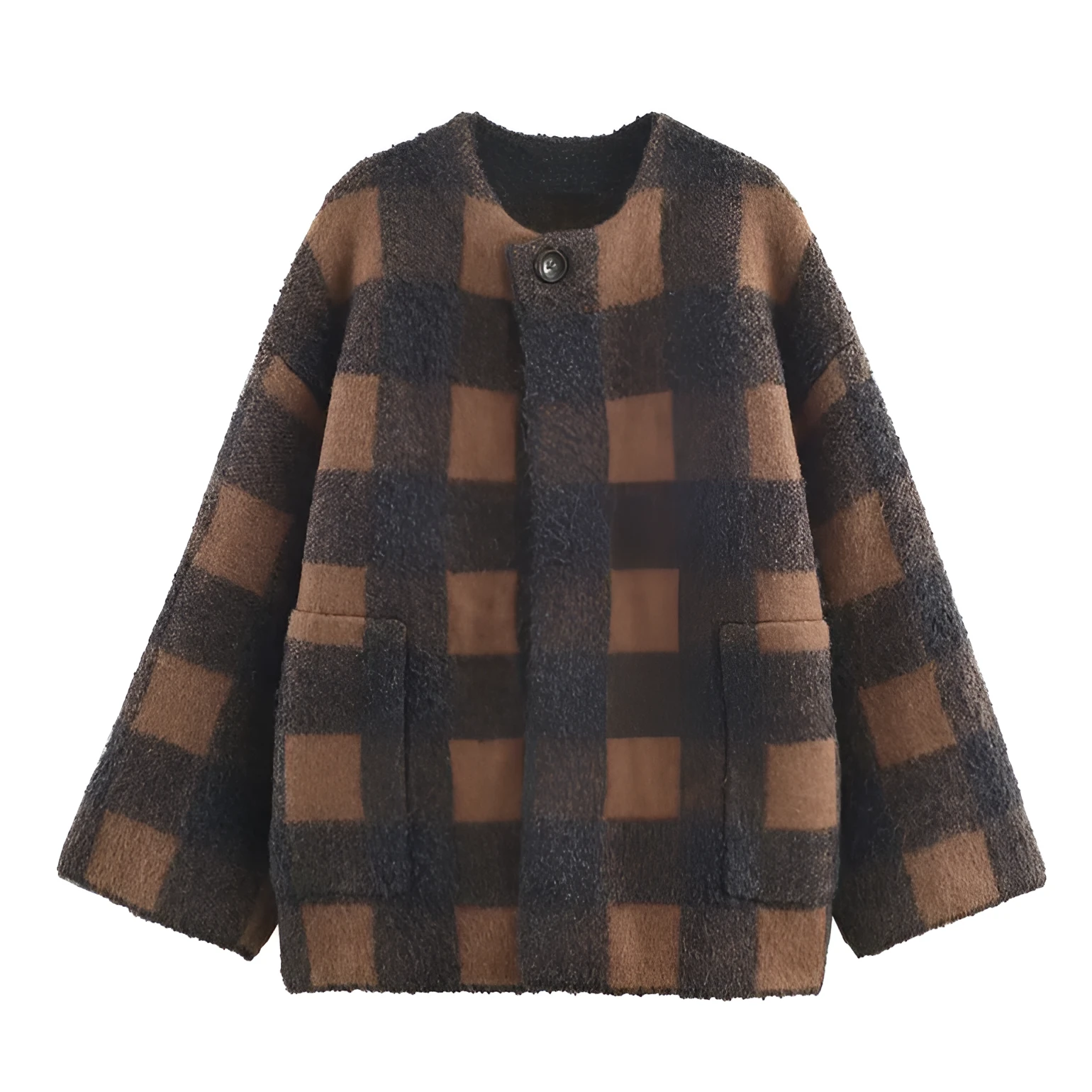 Autumn women's plaid knitted coat in colour-block pattern, pullover style, regular fit, polyester blend fabric