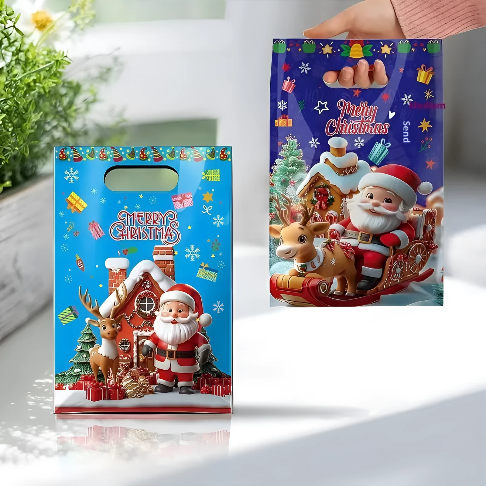 50 pack Christmas candy clutch party gift bags in pearlescent plastic film assorted styles