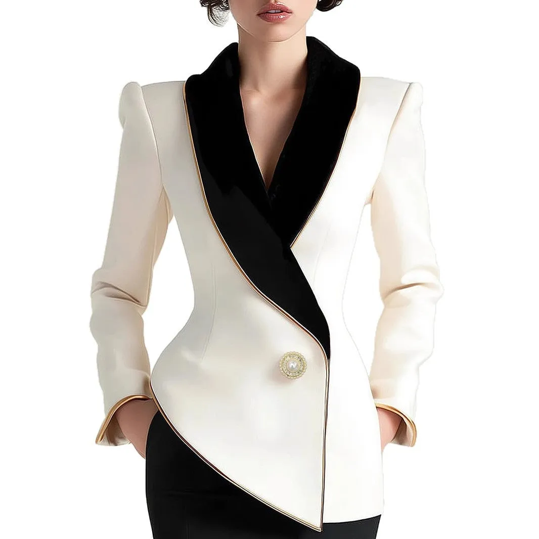Women's milky white beige TR polyester coat with golden edge pearl buttons and long sleeves