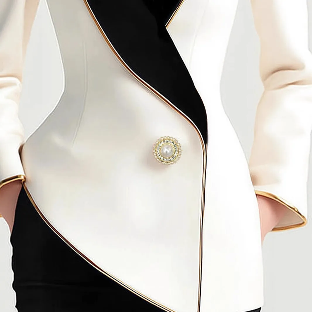 Women's milky white beige TR polyester coat with golden edge pearl buttons and long sleeves