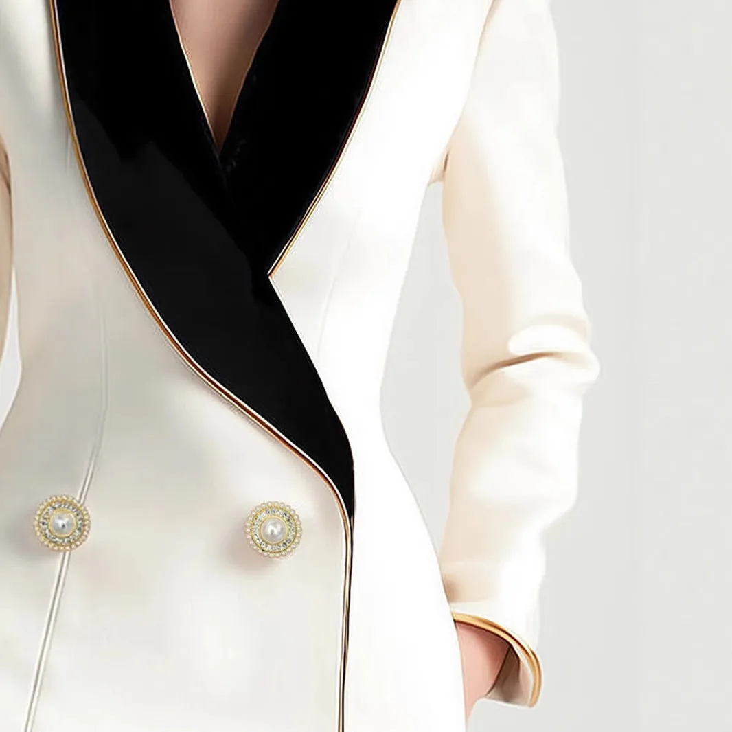 Women's milky white beige TR polyester coat with golden edge pearl buttons and long sleeves