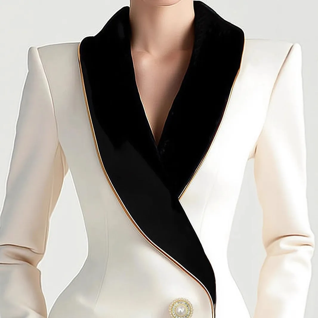 Women's milky white beige TR polyester coat with golden edge pearl buttons and long sleeves
