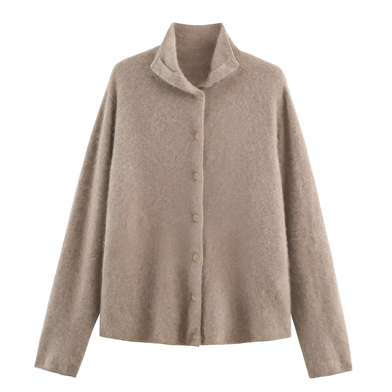 Khaki Korean-style casual high-neck pullover cardigan with stripe colour block and patchwork splicing for women