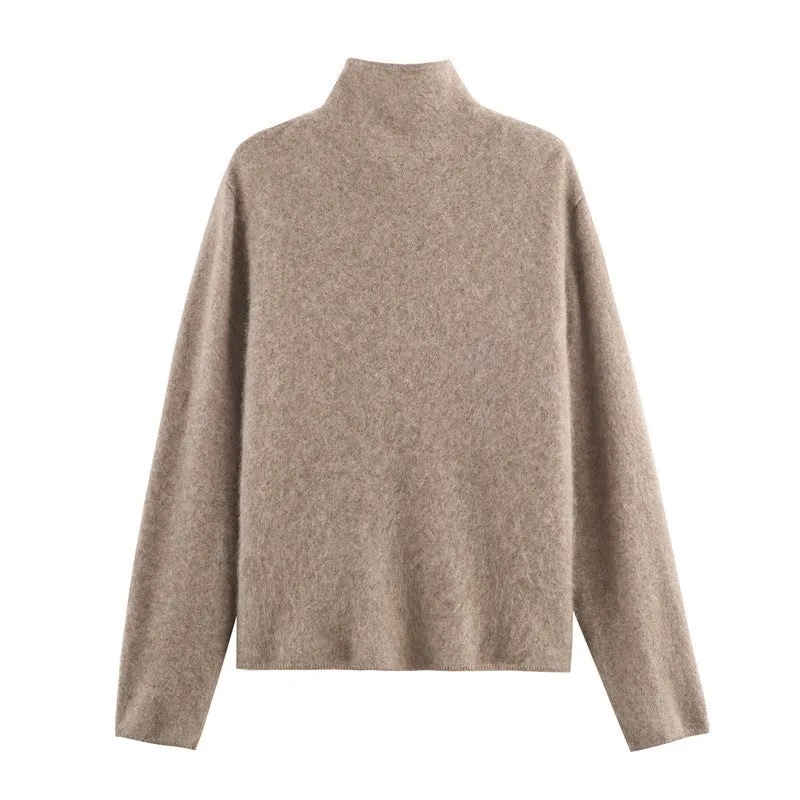 Khaki Korean-style casual high-neck pullover cardigan with stripe colour block and patchwork splicing for women