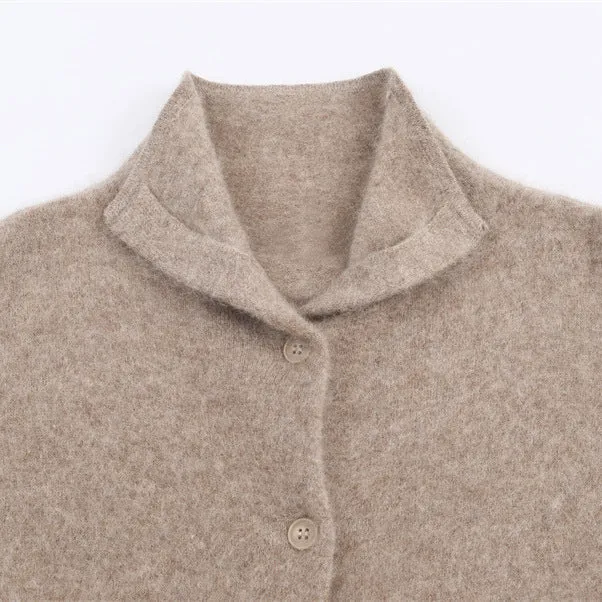 Khaki Korean-style casual high-neck pullover cardigan with stripe colour block and patchwork splicing for women