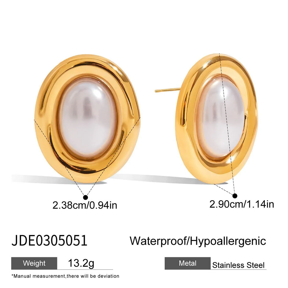 Close-up of a pair of women's stainless steel vintage pearl ear studs with a silver-toned post on a white background.