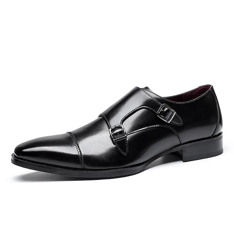 Men's black and light brown square-toe leather business casual shoes with low-top profile