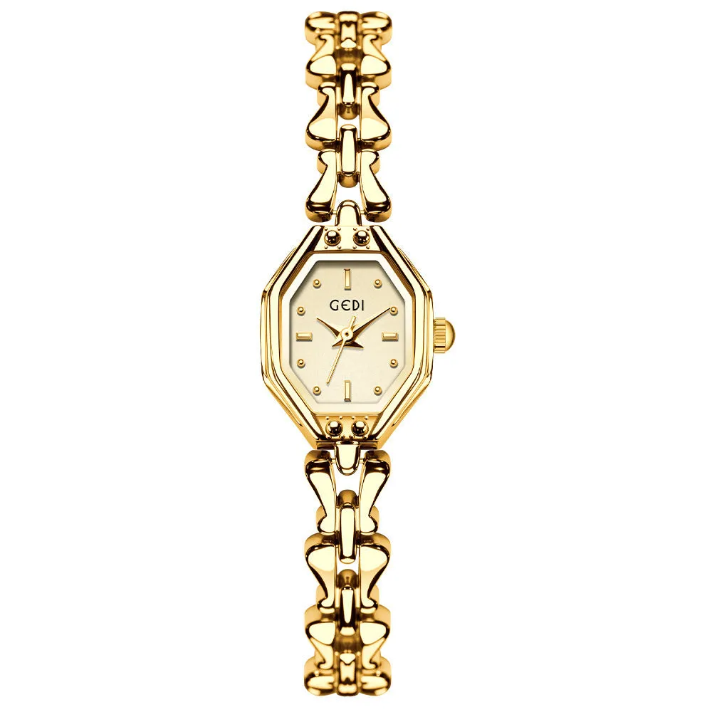 Luxury retro octagonal women's quartz watch with alloy strap and barrel-shaped dial, mineral glass mirror, steel gold white colour
