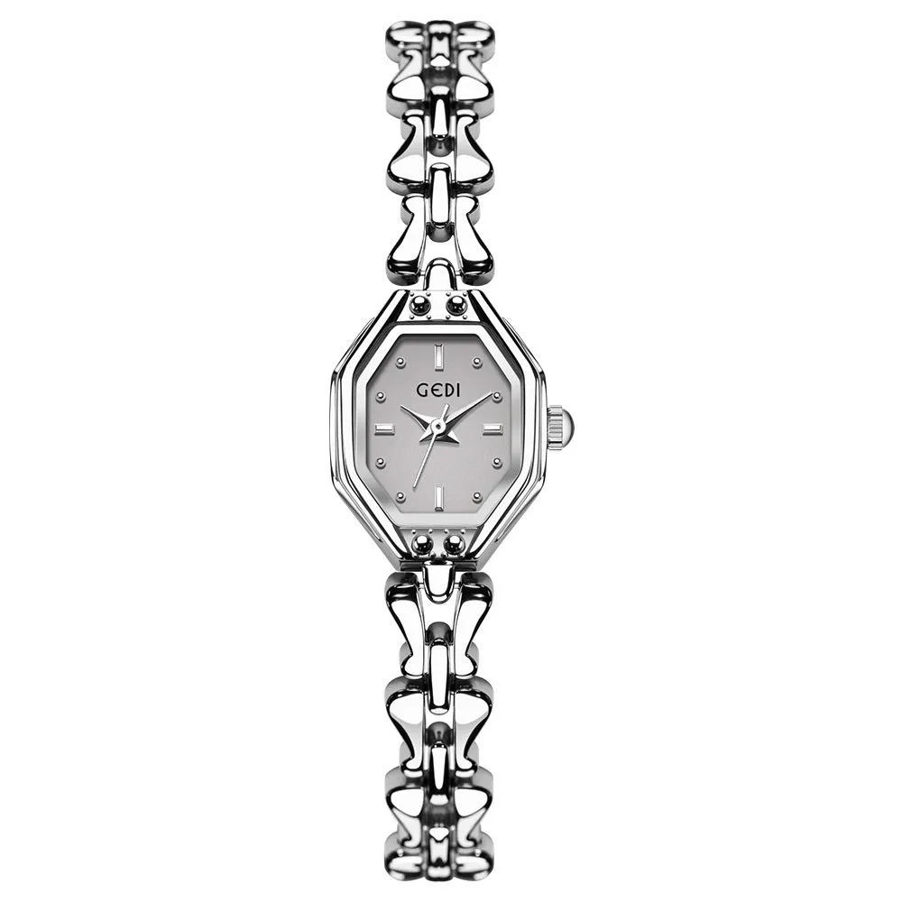 Luxury retro octagonal women's quartz watch with alloy strap and barrel-shaped dial, mineral glass mirror, steel gold white colour