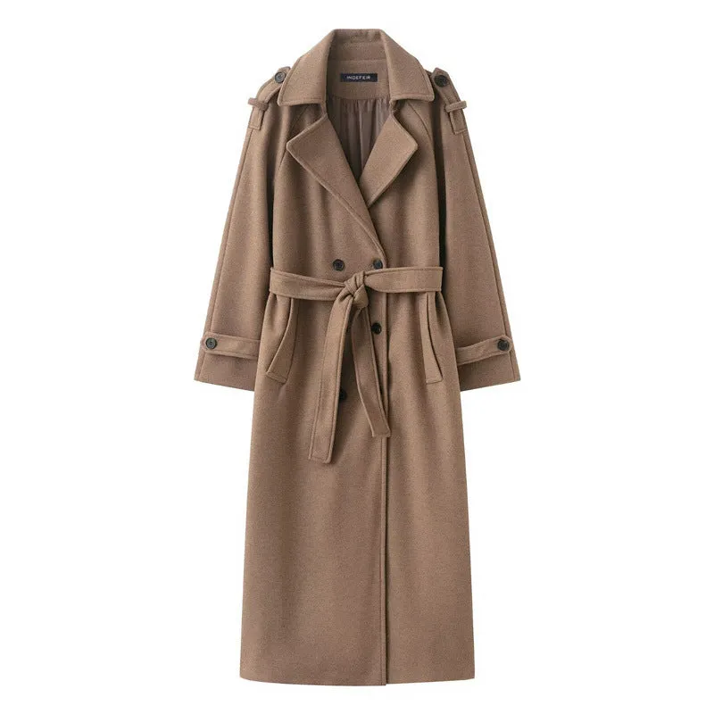 Women's double-breasted long wool coat in black, regular fit, medium thickness, with pockets