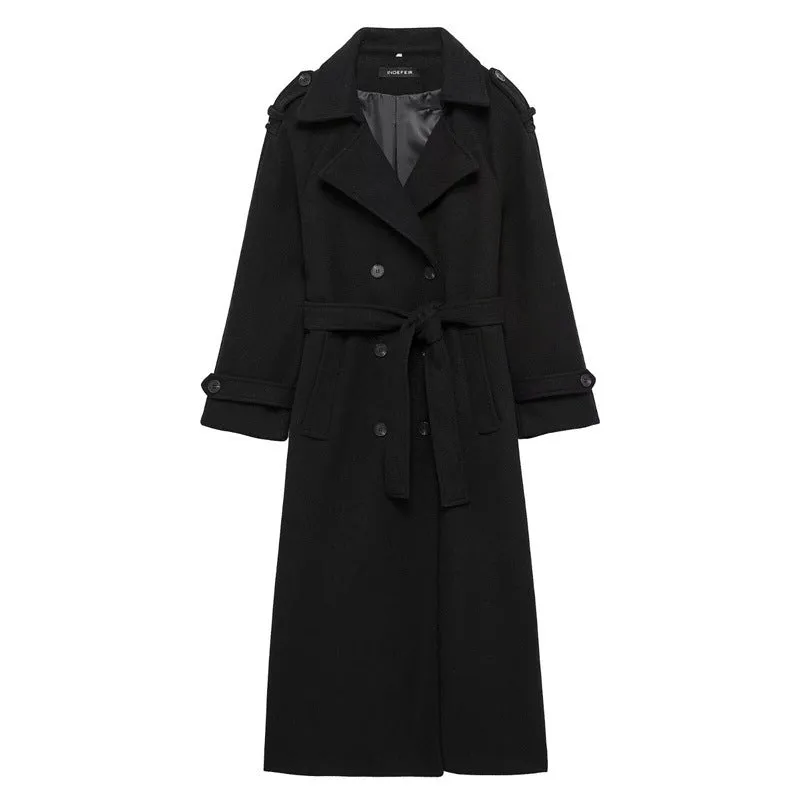 Women's double-breasted long wool coat in black, regular fit, medium thickness, with pockets