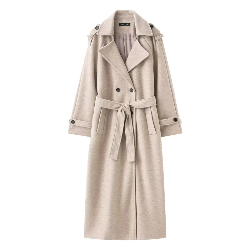 Women's double-breasted long wool coat in black, regular fit, medium thickness, with pockets
