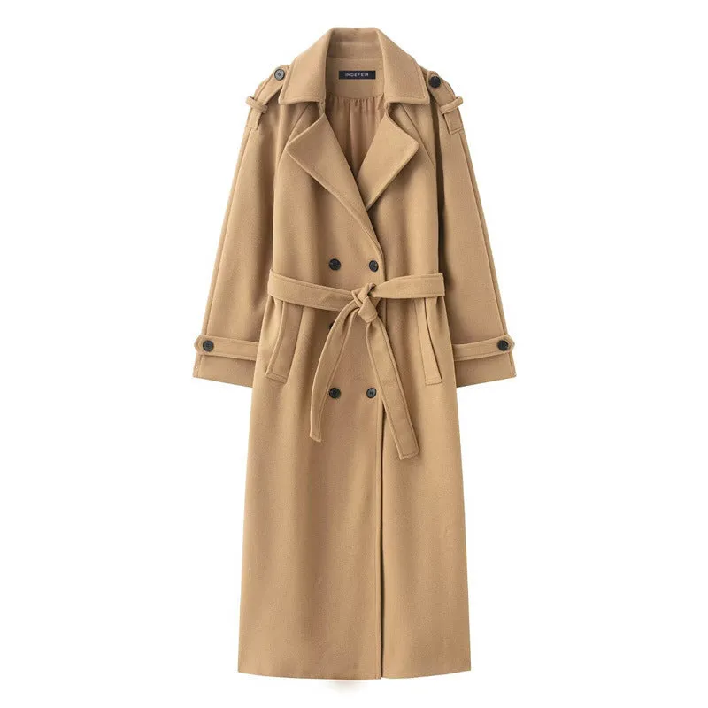 Women's double-breasted long wool coat in black, regular fit, medium thickness, with pockets