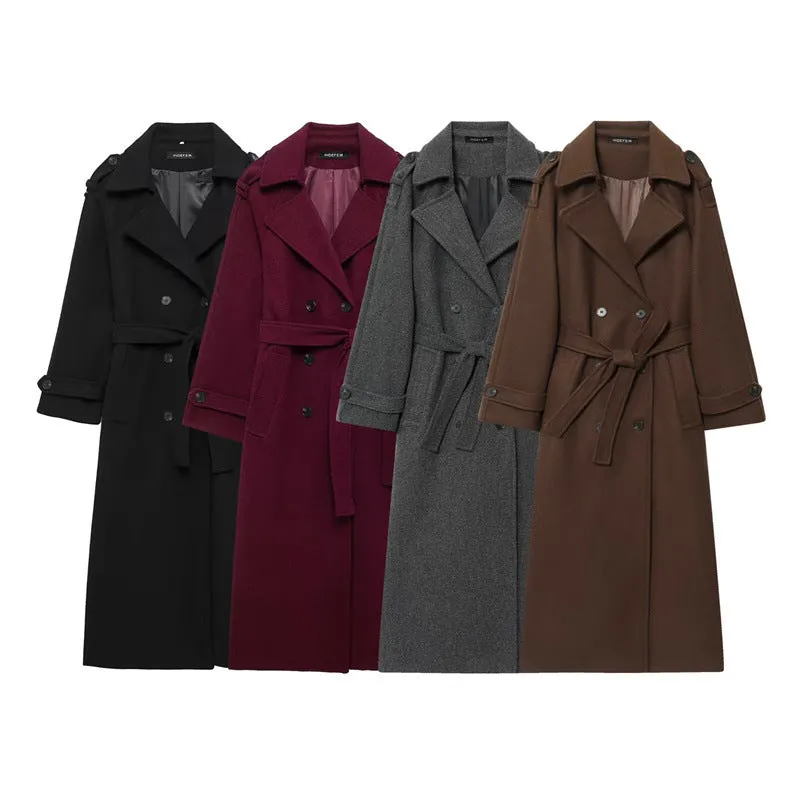 Women's double-breasted long wool coat in black, regular fit, medium thickness, with pockets
