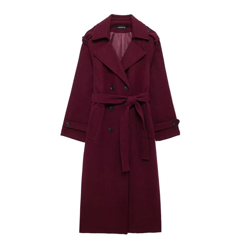 Women's double-breasted long wool coat in black, regular fit, medium thickness, with pockets