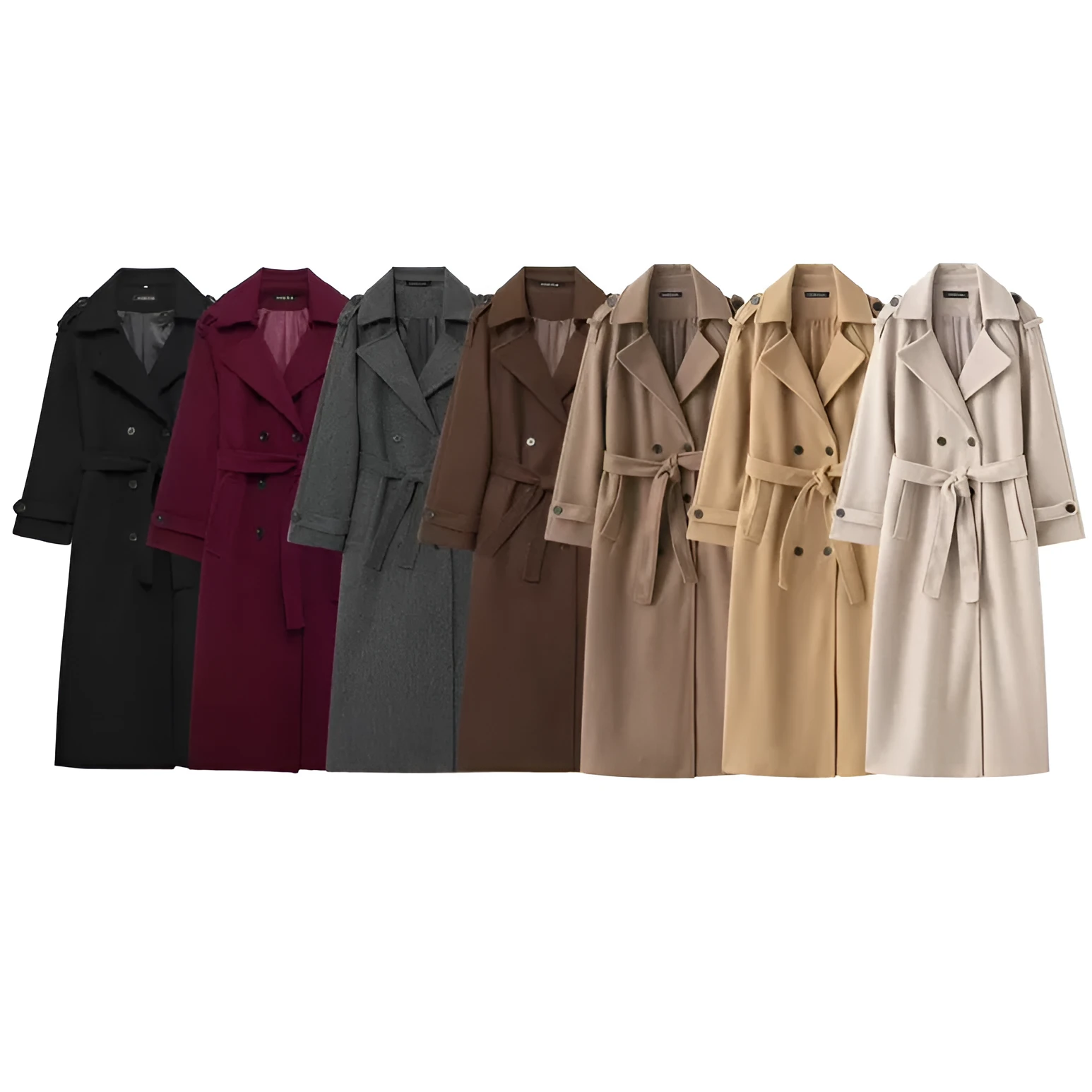 Women's double-breasted long wool coat in black, regular fit, medium thickness, with pockets
