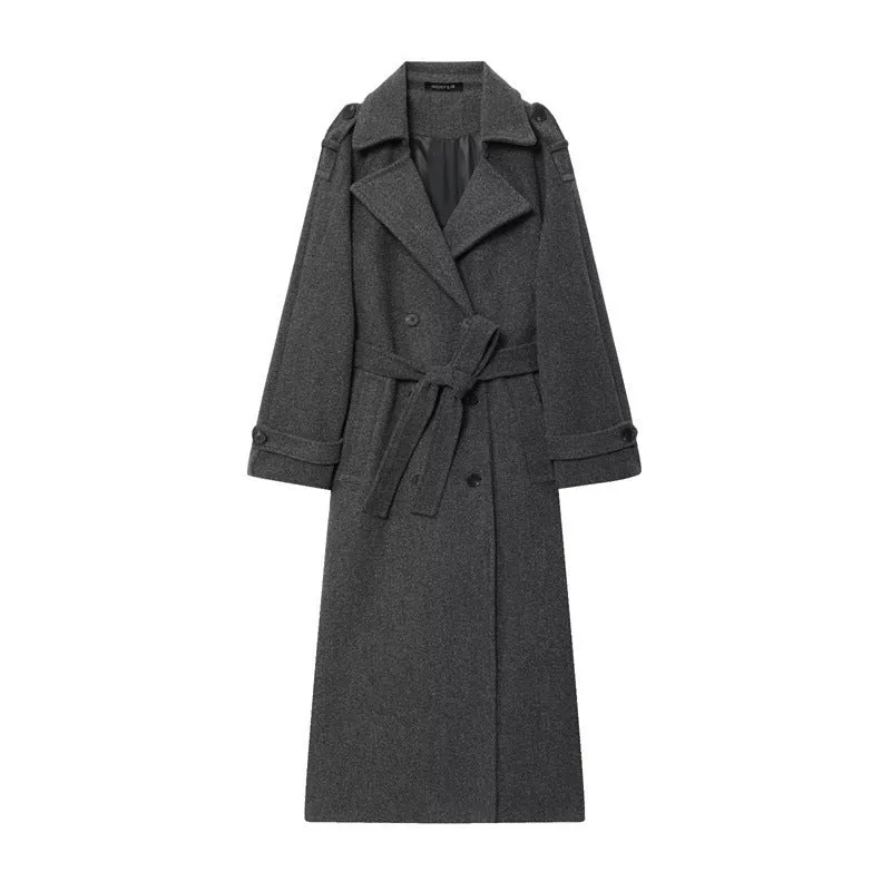 Women's double-breasted long wool coat in black, regular fit, medium thickness, with pockets