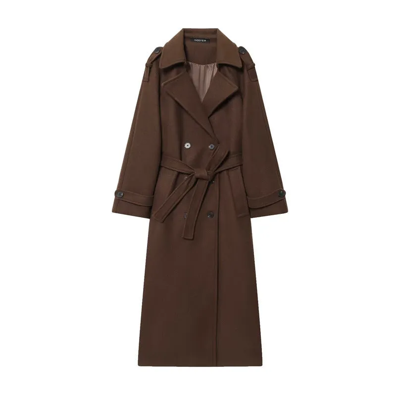 Women's double-breasted long wool coat in black, regular fit, medium thickness, with pockets
