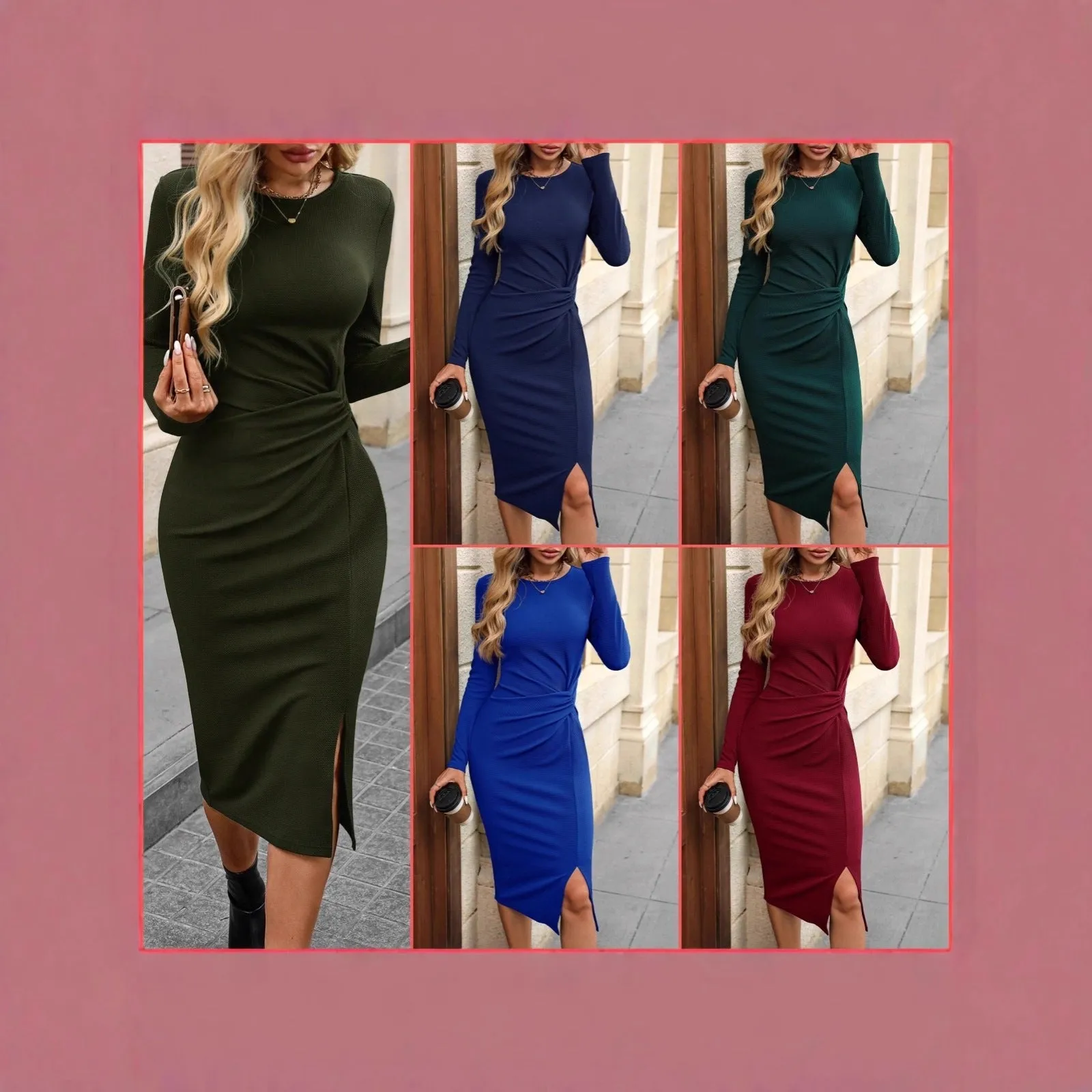 Solid colour knot waist bodycon dress with slit hem in army green, mid-length pencil style with long sleeves