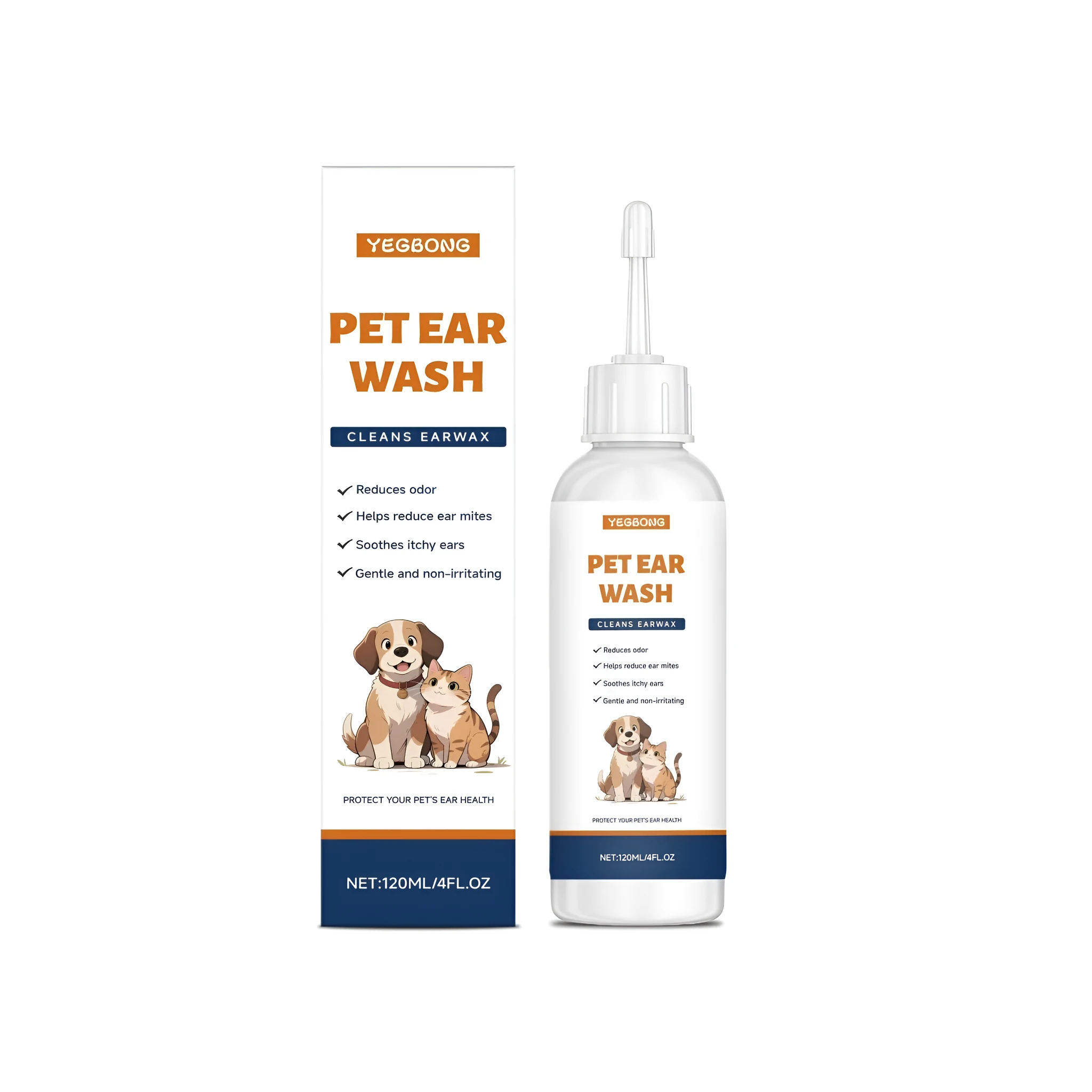 Pet ear wash 120ml bottle with sodium hyaluronate and peppermint extract for dogs and cats