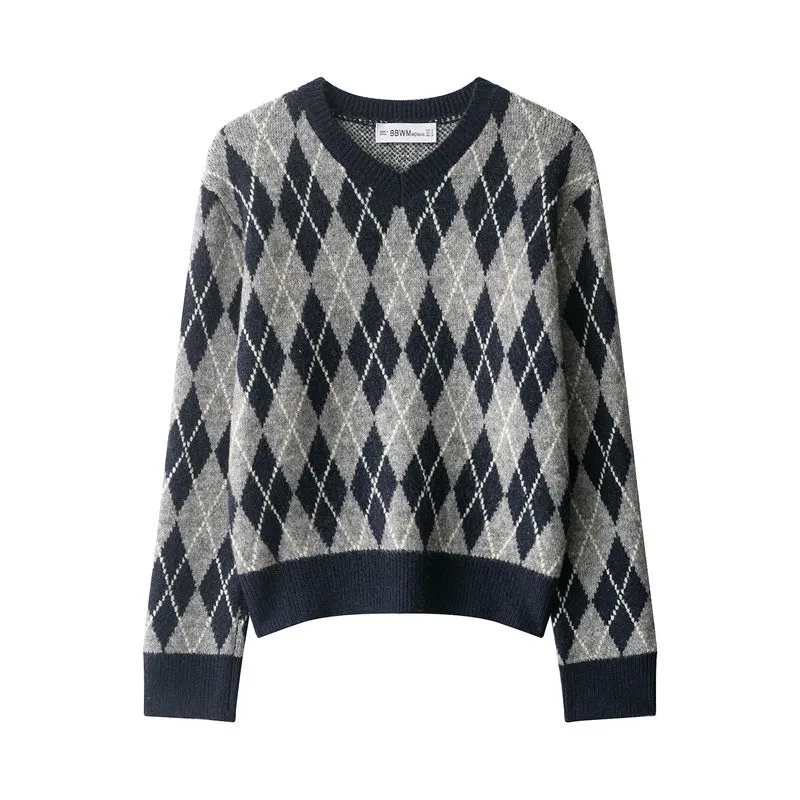 Women's diamond pattern contrast colour long sleeve knit sweater pullover regular fit