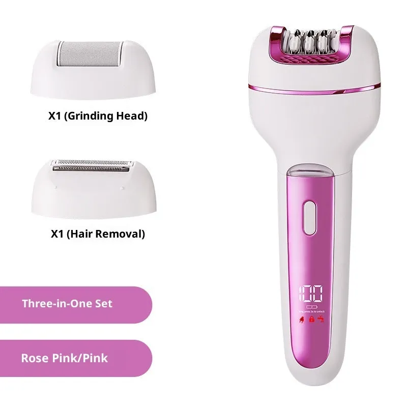 Women's electric 3-in-1 hair removal set in gold with USB cable and stainless steel blade head
