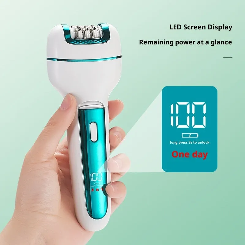 Women's electric 3-in-1 hair removal set in gold with USB cable and stainless steel blade head