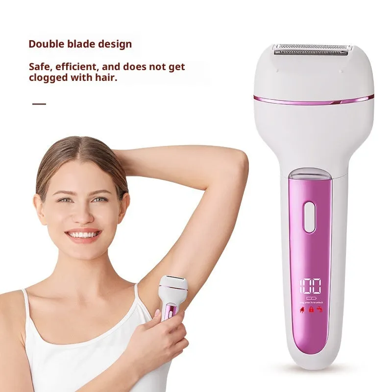 Women's electric 3-in-1 hair removal set in gold with USB cable and stainless steel blade head