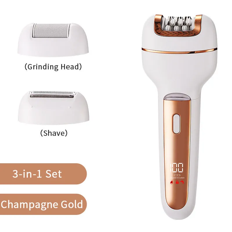 Women's electric 3-in-1 hair removal set in gold with USB cable and stainless steel blade head