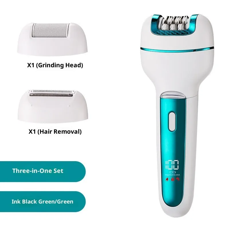 Women's electric 3-in-1 hair removal set in gold with USB cable and stainless steel blade head